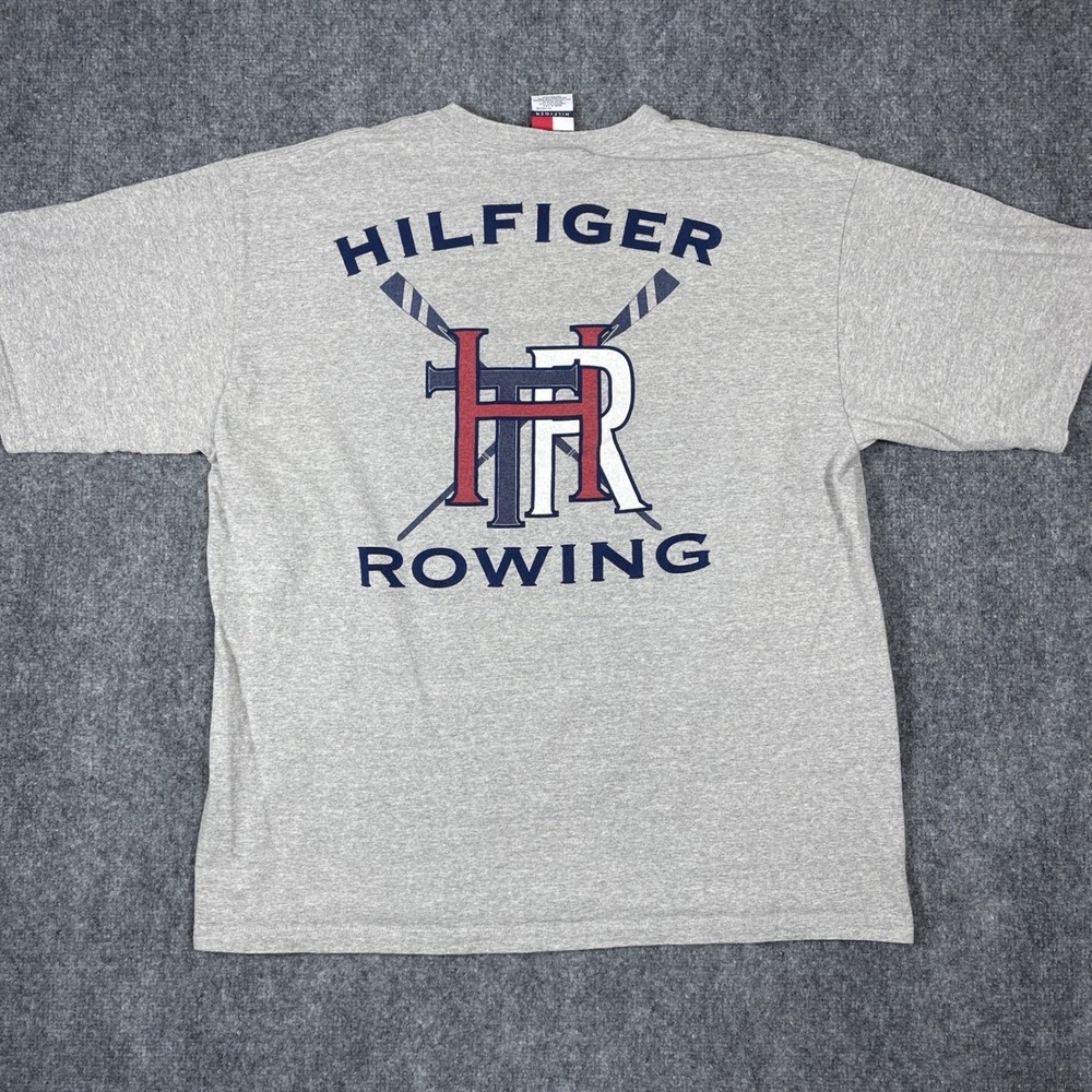 Tommy Hilfiger T-Shirt Men XL Gray Vintage Rowing Graphic Made in USA Pocket Tee